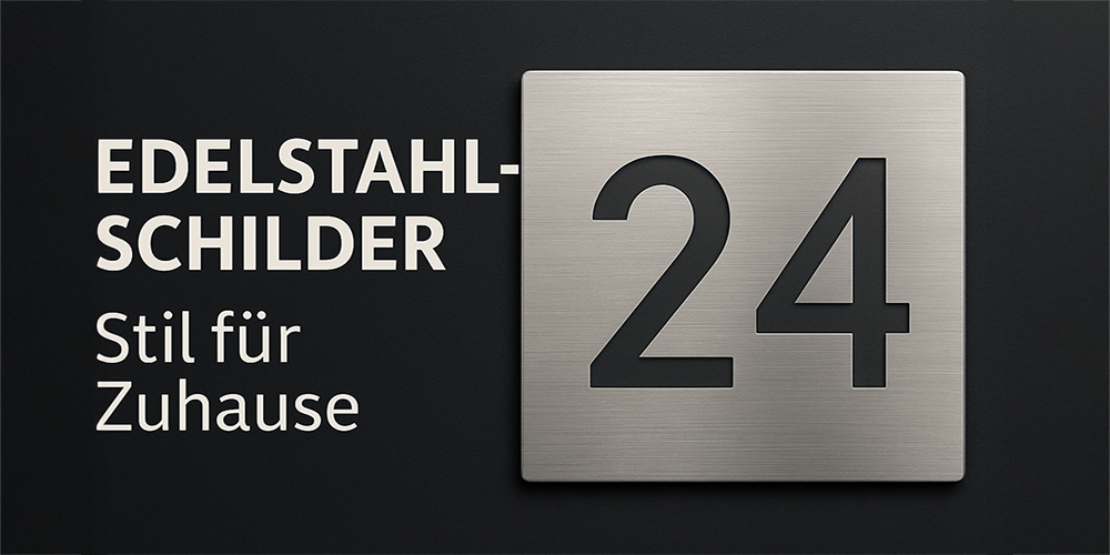 Banner mit Edelstahl-Hausnummer 24 und Text „Edelstahl-Schilder – Stil für Zuhause“ auf dunklem Hintergrund