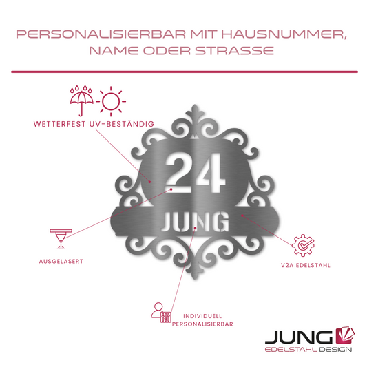 Infografik: Personalisierbare Hausnummer mit floralem Design – aus V2A Edelstahl, wetterfest, UV-beständig, mit ausgelasertem Text – ideal für den Außenbereich