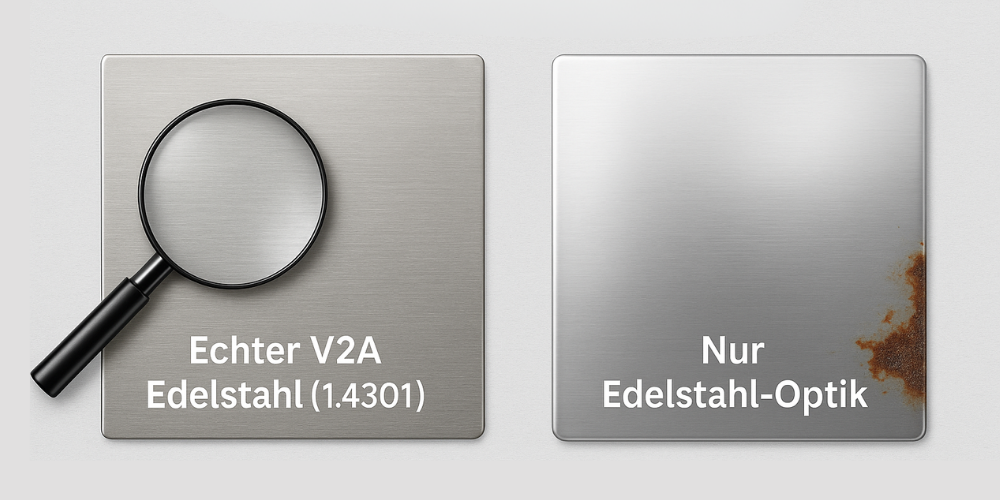 So erkennst du echten V2A Edelstahl – Vergleich von 1.4301 Edelstahl mit minderwertigen Imitaten