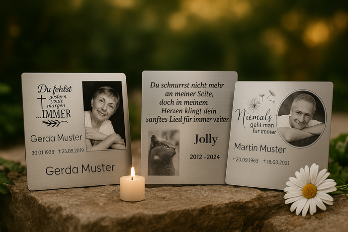 Drei Gedenktafeln aus Edelstahl mit Gravur und Foto – individuelle Erinnerung für Mensch und Tier, langlebig und wetterfest