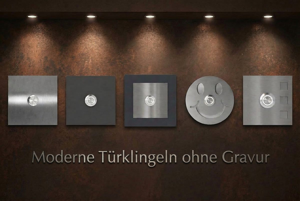 Übersichtsbild verschiedener moderner Edelstahl-Türklingeln ohne Gravur mit Schriftzug „Moderne Türklingeln ohne Gravur“.