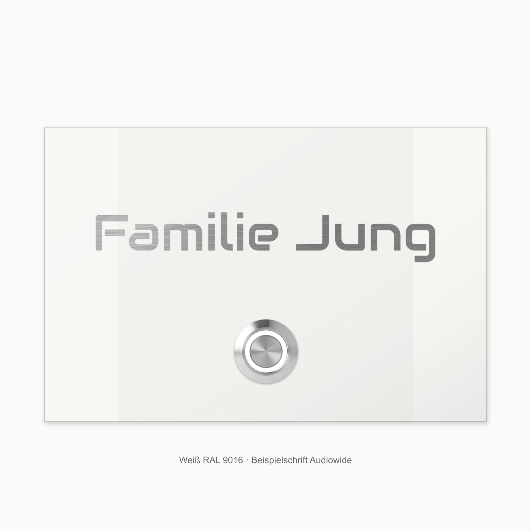 London 15 × 10 cm in Weiß RAL 9016 mit Lasergravur Familie Jung in Audiowide und weißem LED-Taster