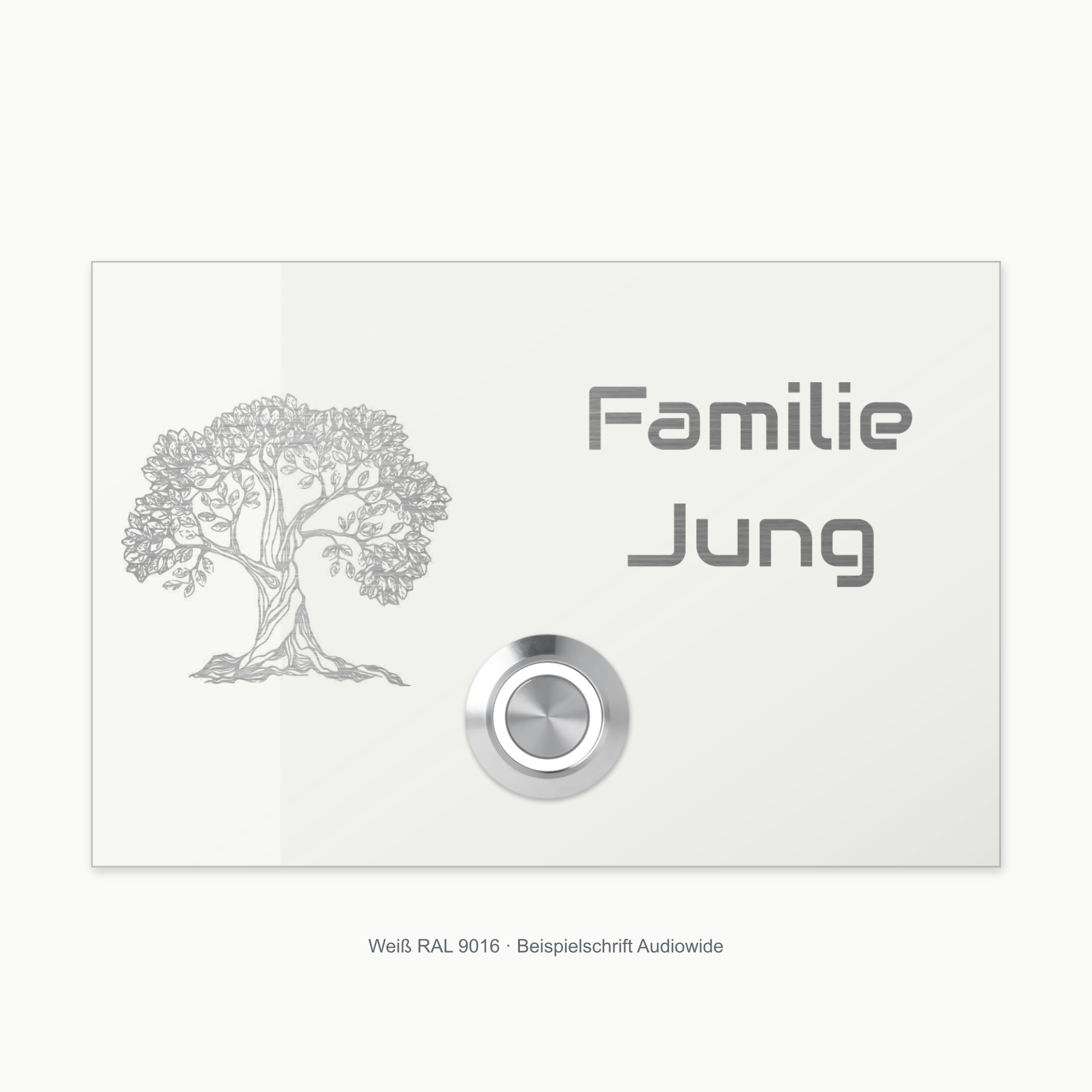 London Baum 120 × 80 mm in Weiß RAL 9016, Original-Baummotiv und Beispielschrift Audiowide, weißer LED-Taster