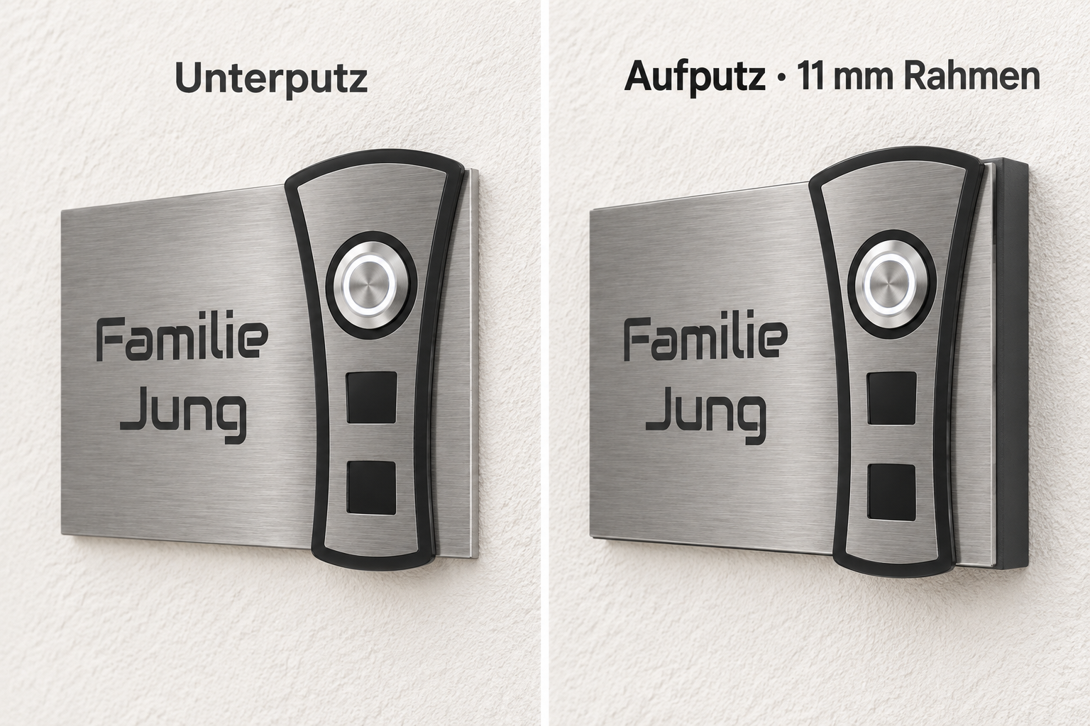 Leipzig Türklingel als Unterputz- und Aufputzvariante mit 11 mm Rahmen