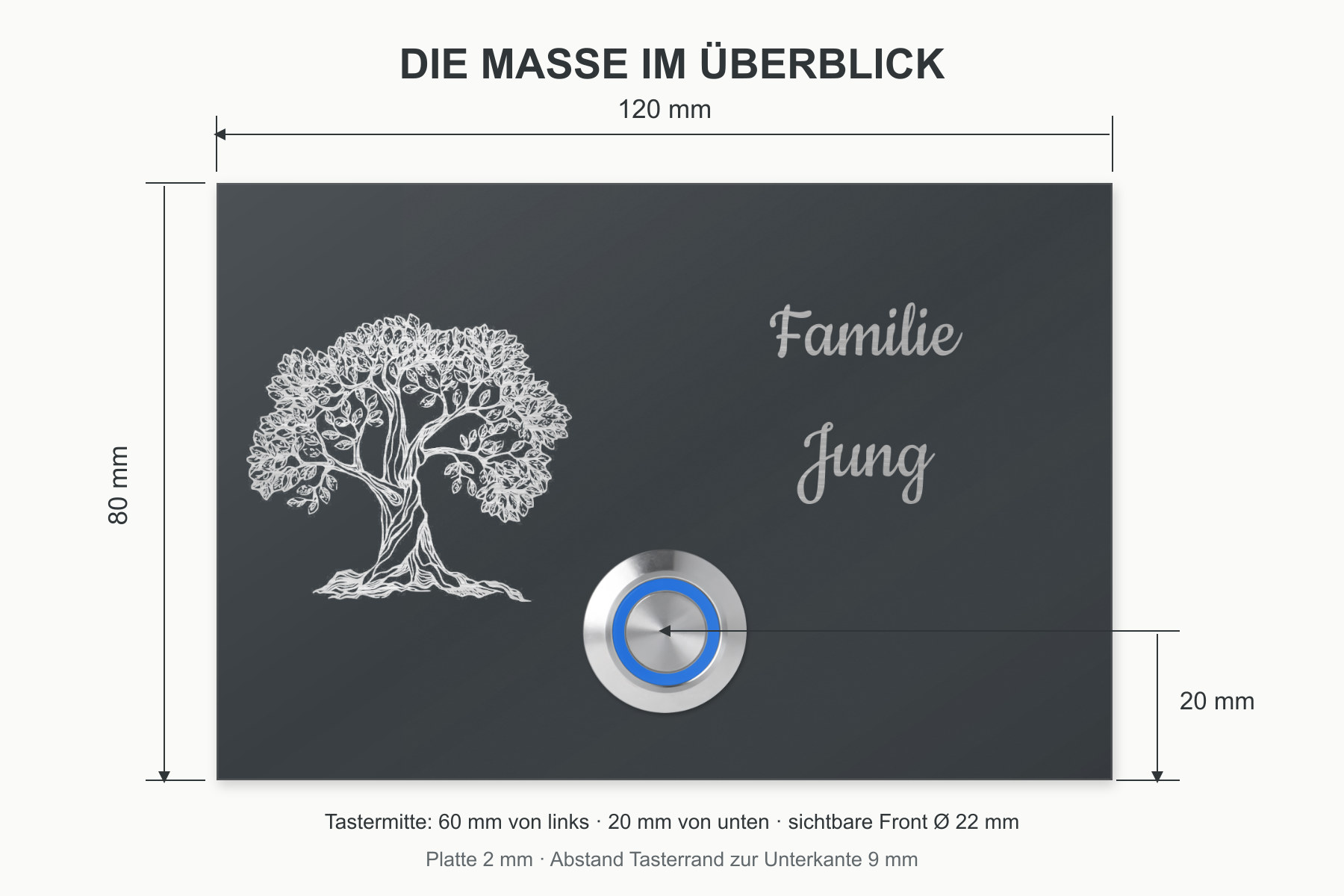 London Baum Maße: 120 × 80 mm, Tasterzentrum 60 mm von links und 20 mm von unten, Durchmesser 22 mm und Unterkantenabstand 9 mm