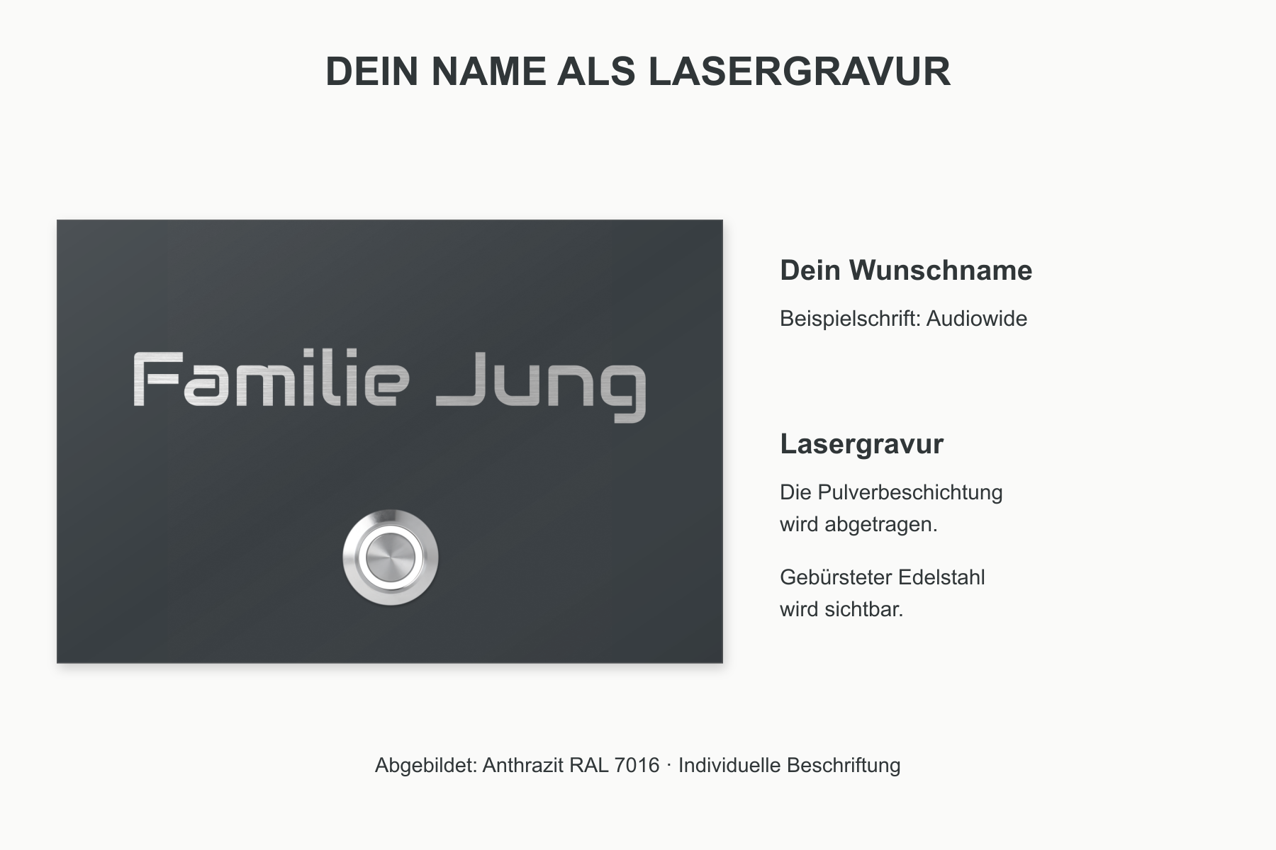 London Lasergravur: abgetragene Pulverbeschichtung legt gebürsteten Edelstahl frei; Beispielschrift Audiowide