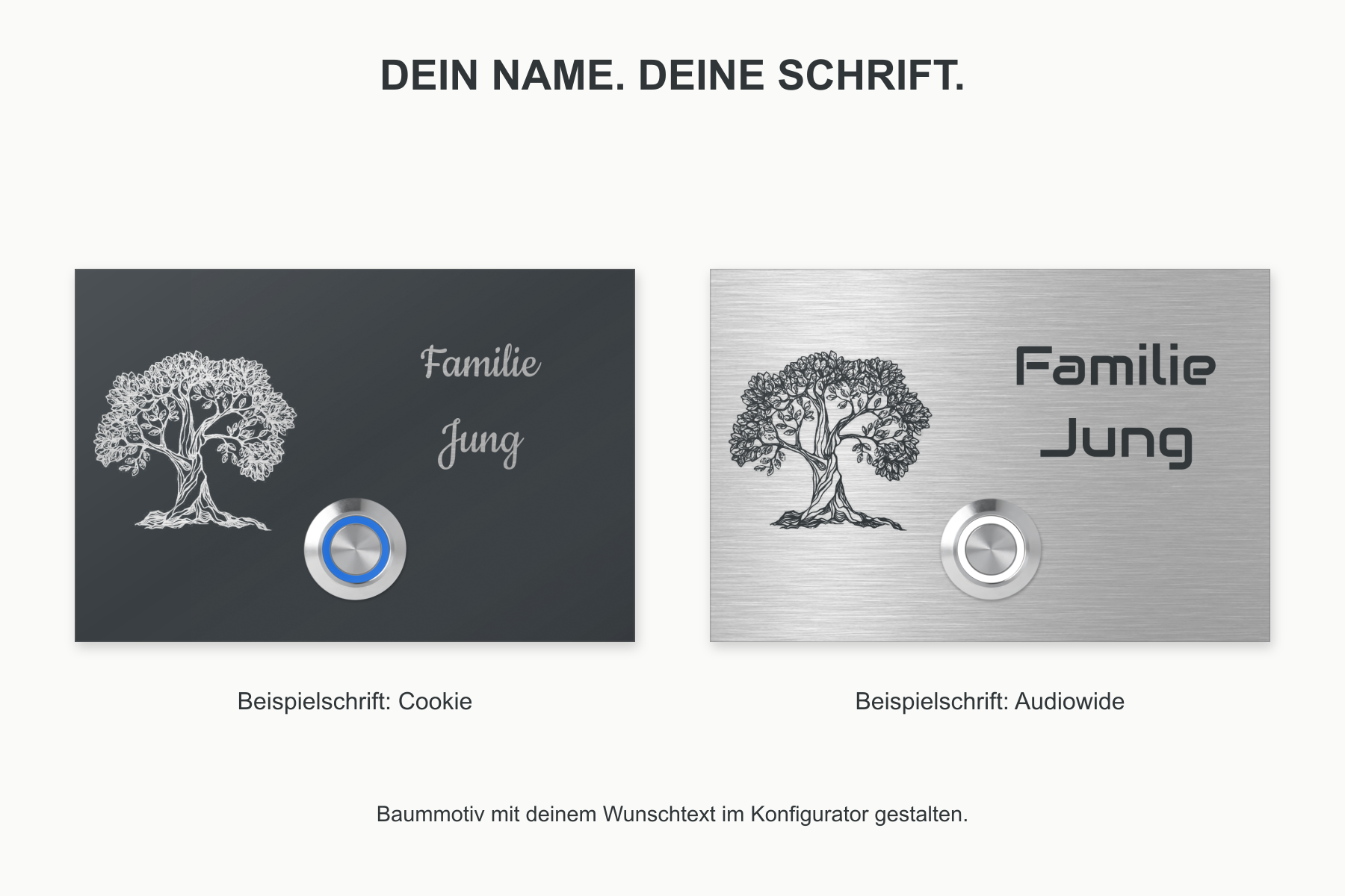 London Baum mit Original-Baummotiv und Schriftbeispielen Cookie auf Anthrazit und Audiowide auf Edelstahl