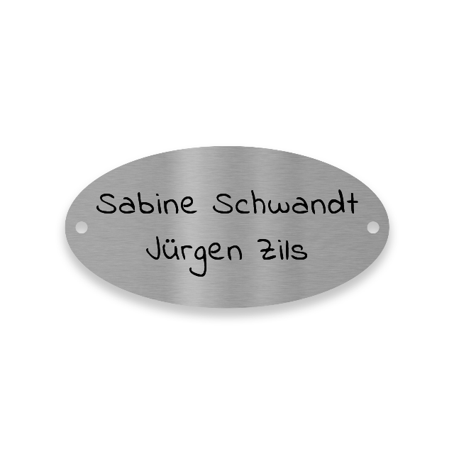 Edelstahl Türschild mit Gravur. Selbstklebend oder mit Bohrlöchern. Oval 8x4 cm oder 10x5 cm