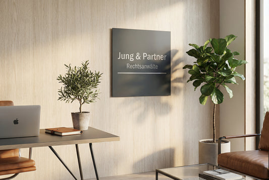 Anthrazit pulverbeschichtetes V2A Edelstahlschild 60x60 cm mit Laserbeschriftung „Jung & Partner Rechtsanwälte“ als modernes Büroschild an heller Wand im Büro-Interior mit Pflanzen und Schreibtisch