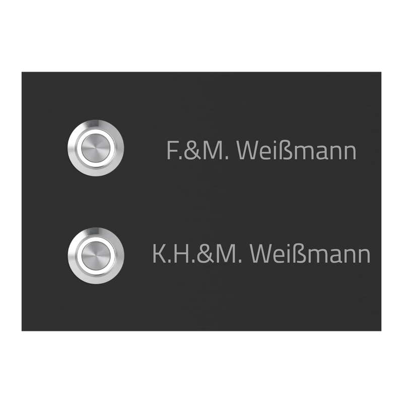 Frankfurt 14 x 10 cm Edelstahl (V2A) Türklingel - Zweifamilienhaus Klingel - mit Gravur - Anthrazit oder Weiß - LED - Aufputz / Unterputz