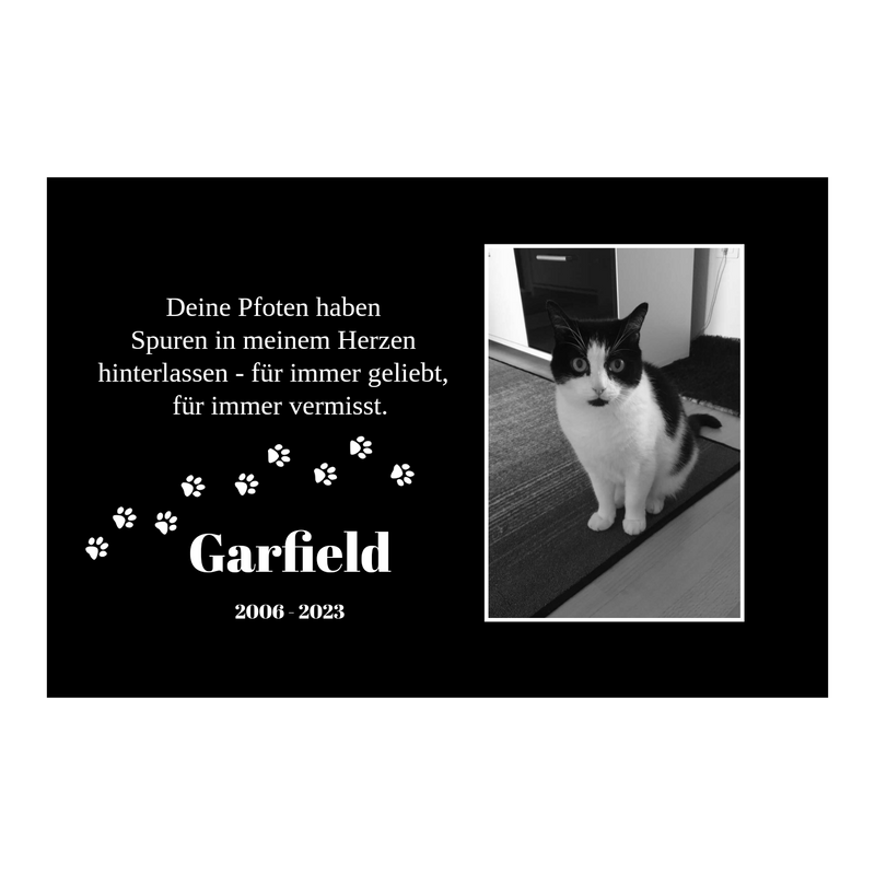 Personalisierte Gedenktafel für Tiere mit UV Druck – V2A Edelstahl mit Acryl Oberplatte