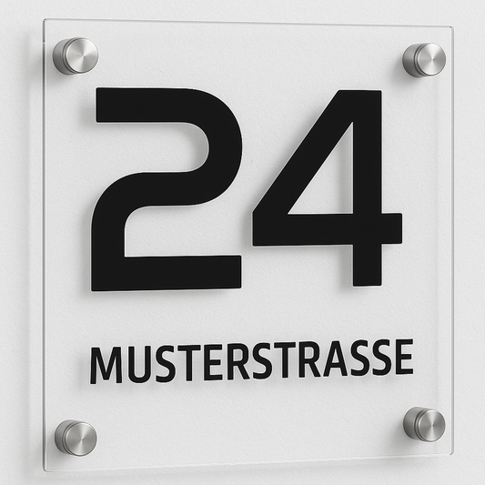 Modernes Hausnummernschild aus Acryl – frontal fotografiert