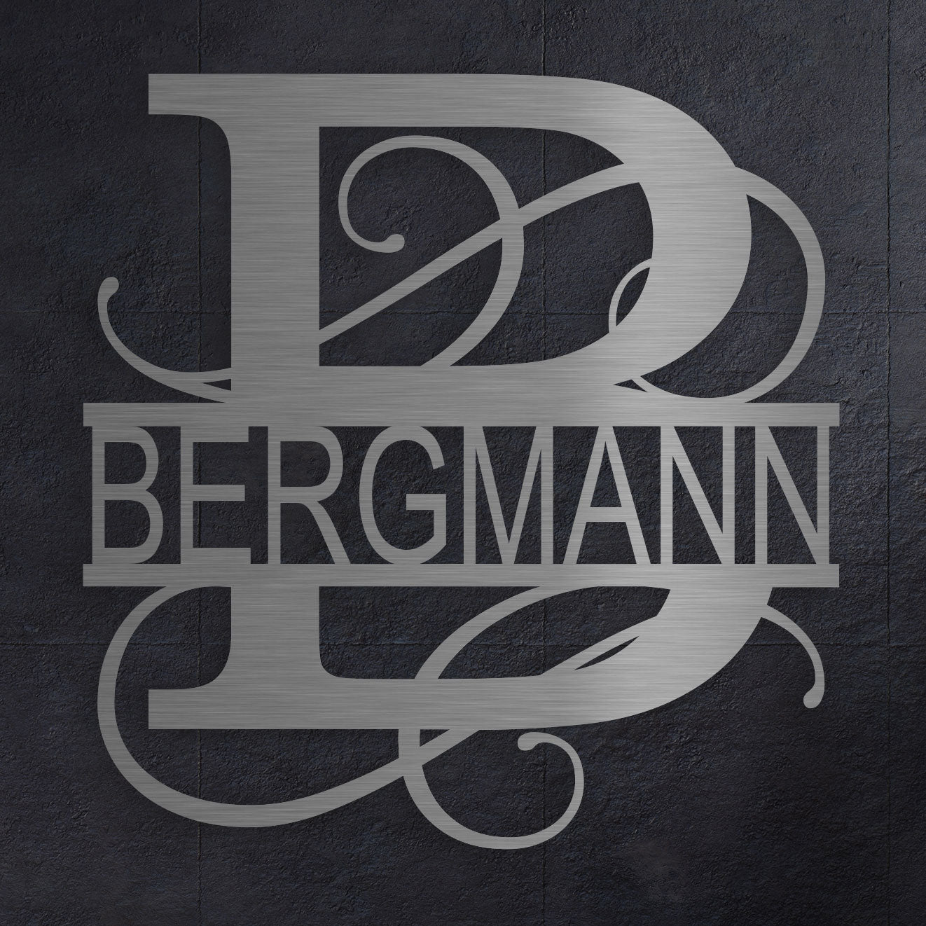 Edelstahl Monogramm-Schild mit Buchstabe B und Familienname  – modernes Design

