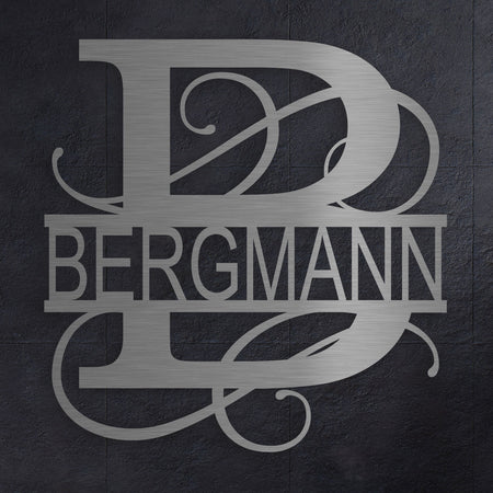 Edelstahl Monogramm-Schild mit Buchstabe B und Familienname  – modernes Design

