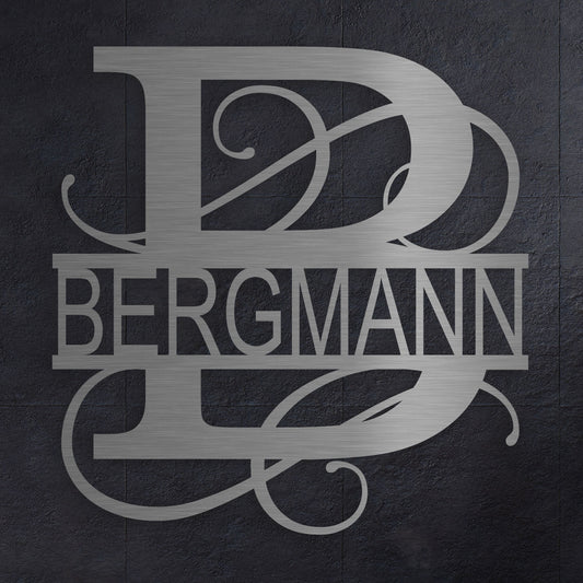 Edelstahl Monogramm-Schild mit Buchstabe B und Familienname  – modernes Design

