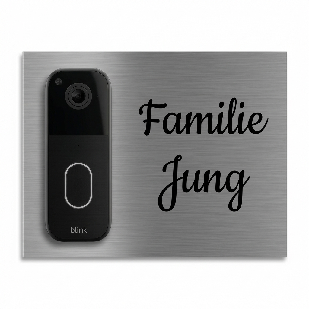 „Edelstahlschild für Blink Videotürklingel (neueste Generation) aus V2A Edelstahl, 160 × 200 mm, personalisierbar per Lasergravur oder UV-Druck.“