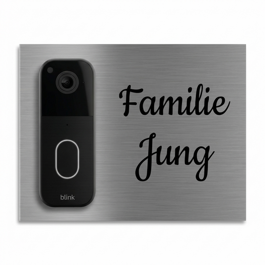 „Edelstahlschild für Blink Videotürklingel (neueste Generation) aus V2A Edelstahl, 160 × 200 mm, personalisierbar per Lasergravur oder UV-Druck.“