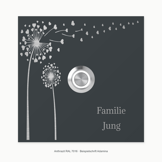 Bochum 10 x 10 cm mit Pusteblumenmotiv in Anthrazit, weißem LED-Taster und Beispielschrift Adamina