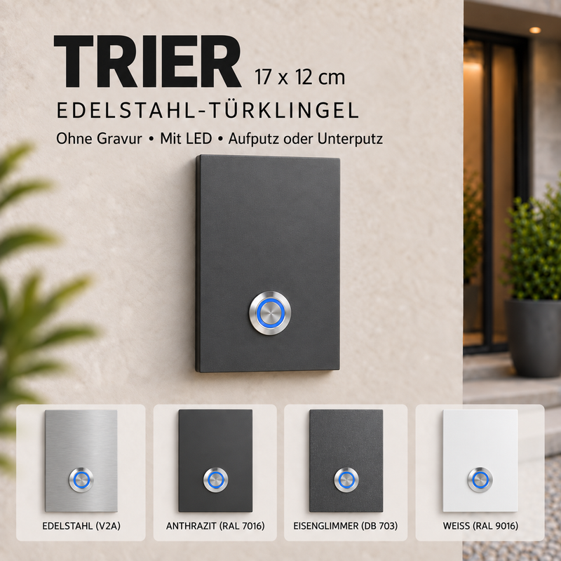 Türklingel Trier 17 × 12 cm – V2A-Edelstahl, LED, ohne Gravur