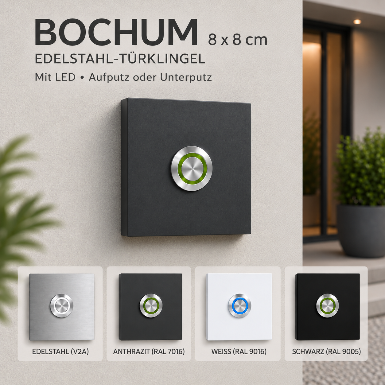 Türklingel Bochum 8 × 8 cm aus V2A-Edelstahl mit LED-Taster, ohne Gravur