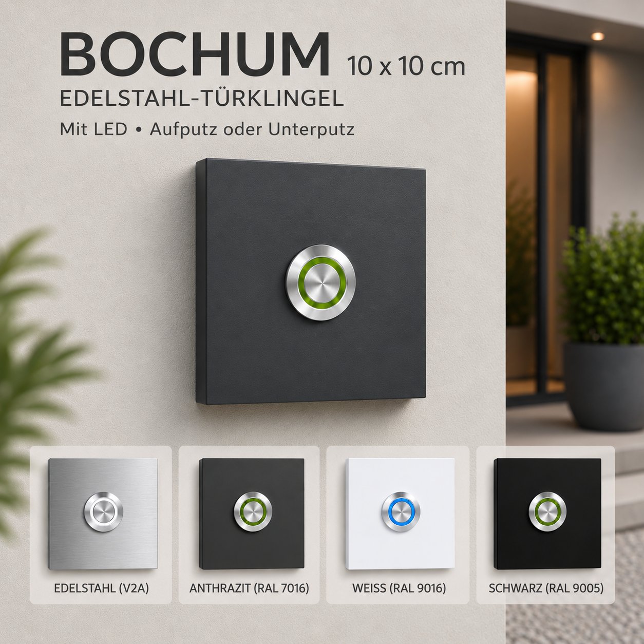 Türklingel Bochum 10 × 10 cm aus V2A-Edelstahl mit LED-Taster, ohne Gravur