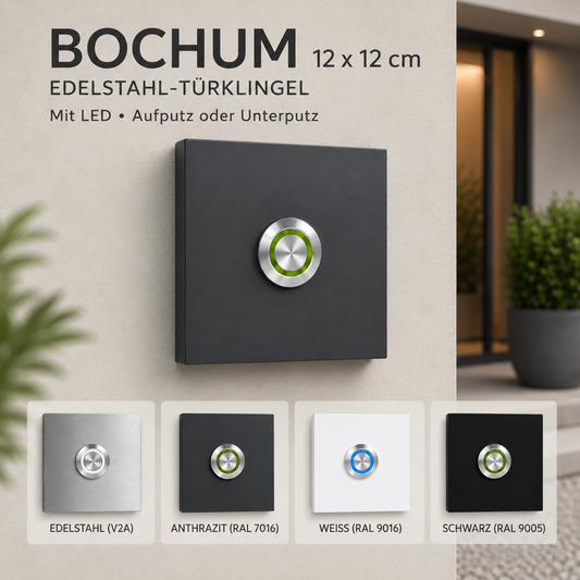 Türklingel Bochum 12 × 12 cm aus V2A-Edelstahl mit LED-Taster, ohne Gravur