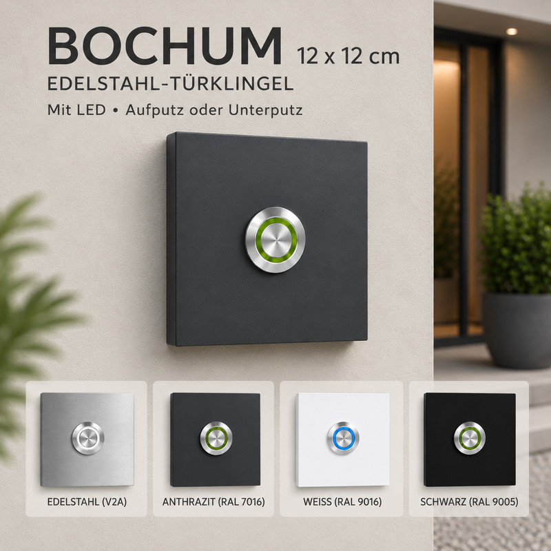 Türklingel Bochum 12 × 12 cm – V2A-Edelstahl, LED, ohne Gravur
