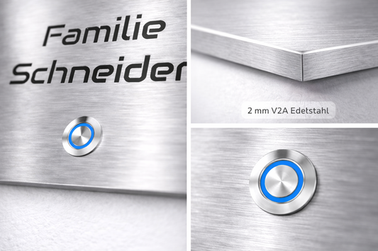 Edelstahlschild mit Gravur und Klingelknopf. Detailbilder edler Look V2a premium qualität
