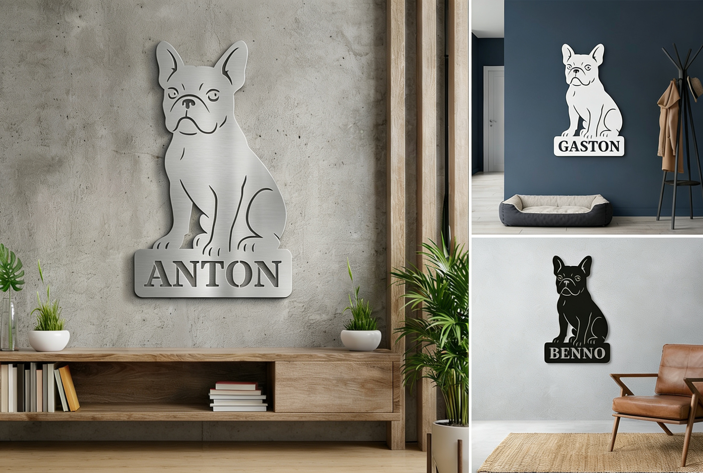 Eine Collage von einer Französische Bulldogge als Edelstahlschild in Anthrazit, Weiß oder Edelstahl als Lifestyle-Bild