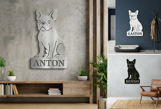 Eine Collage von einer Französische Bulldogge als Edelstahlschild in Anthrazit, Weiß oder Edelstahl als Lifestyle-Bild