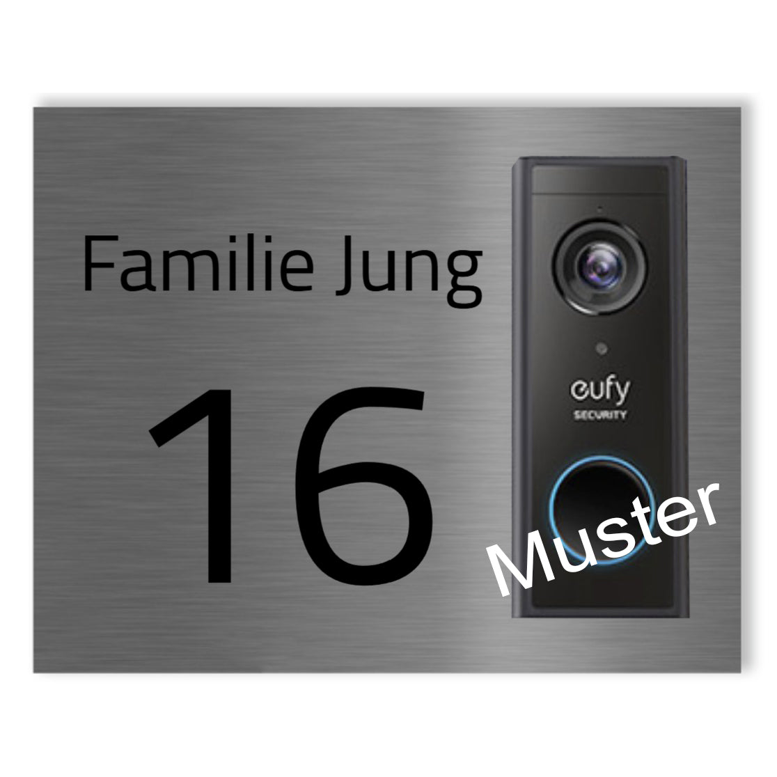 Edelstahl-Dekorschild passend für Eufy S220 Video Doorbell – anthrazit pulverbeschichtet mit graviertem Namensschriftzug „Familie Jung“ – modernes Design für den Eingangsbereich individuell personalisierbar
