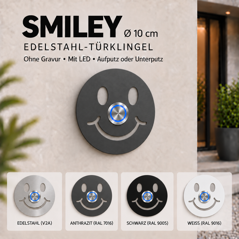 Türklingel Smiley Türklingel Ø 10 cm – V2A-Edelstahl, LED, ohne Gravur