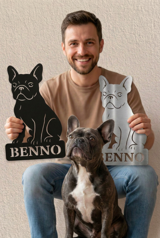 Edelstahlschild geschliffen und Edelstahlschild in Schwarz mit Französische Bulldogge und einem Mann frenchie-Schild 