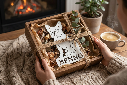 Edelstahlschild in Weiß mit Französische Bulldogge als Geschenk verpackt