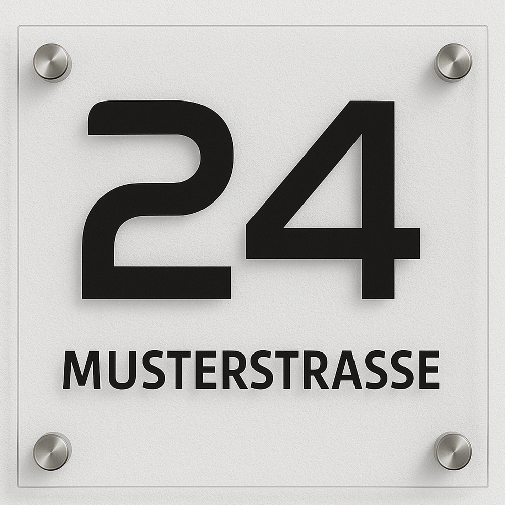 Hausnummernschild aus Acryl mit Edelstahlhaltern – Frontansicht
