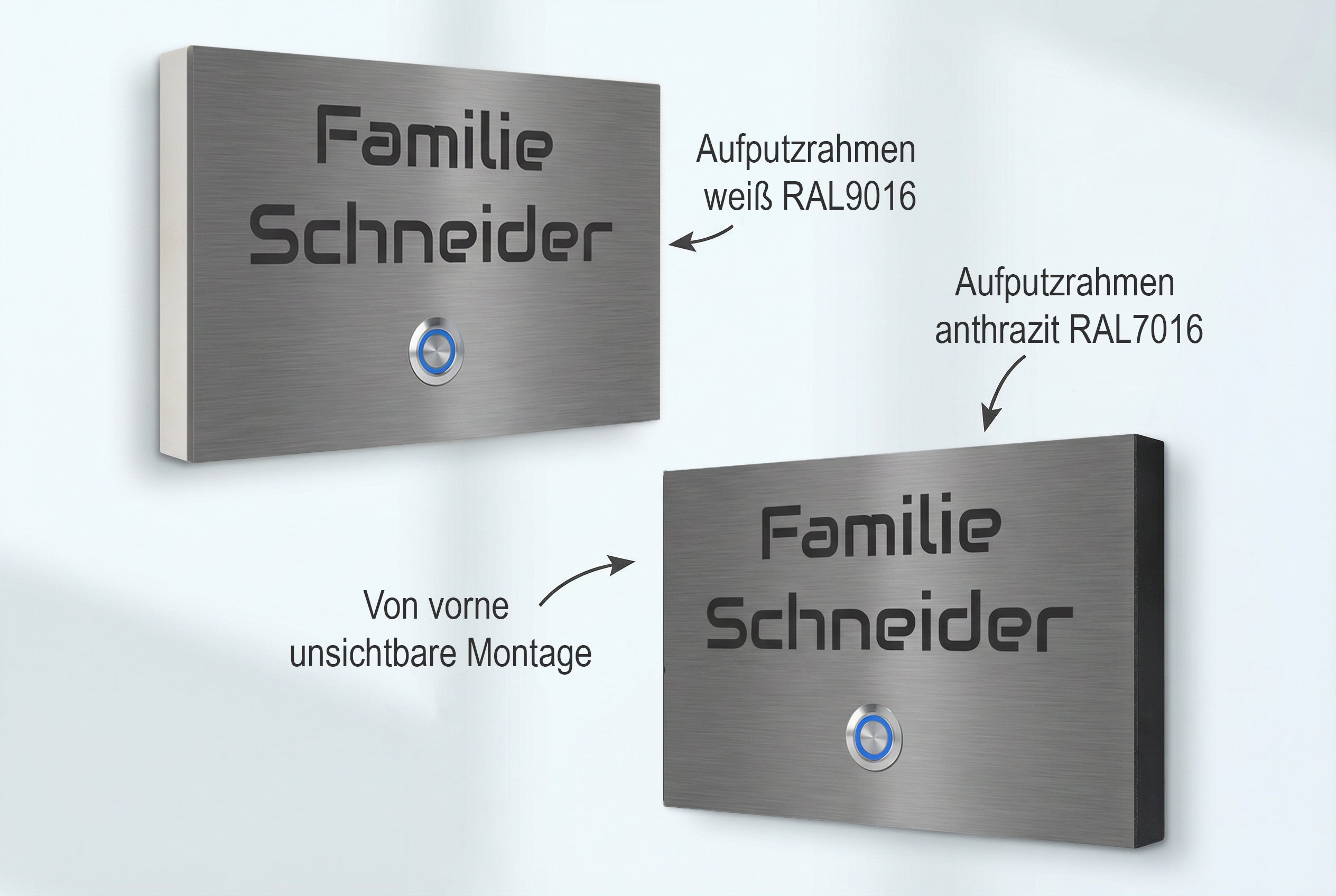 Zwei Haustürklingeln mit anthrazitfarbenem und weißem Rahmen.