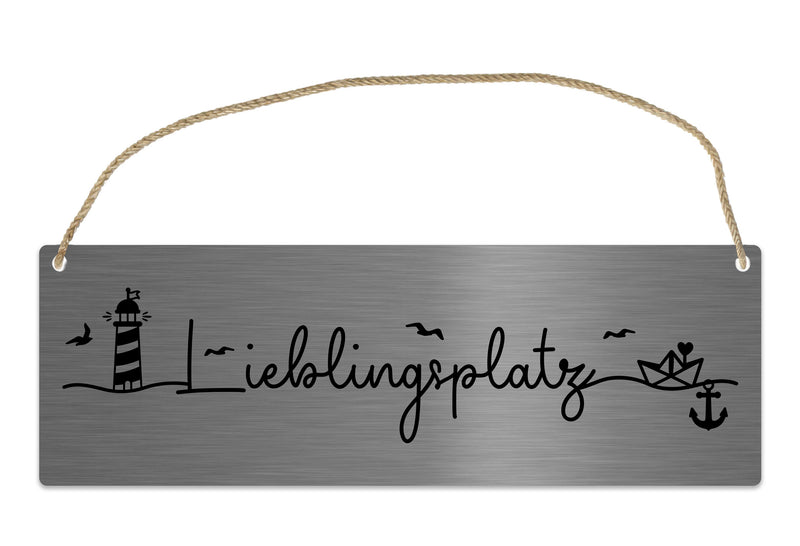 Maritimes Türschild Lieblingsplatz aus V2A Edelstahl 30x10 cm