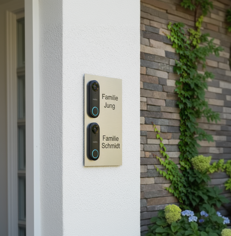 Lifestyle-Aufnahme Türschild Reolink Doppel-Klingel an Hauswand montiert, personalisiert mit Namensgravur