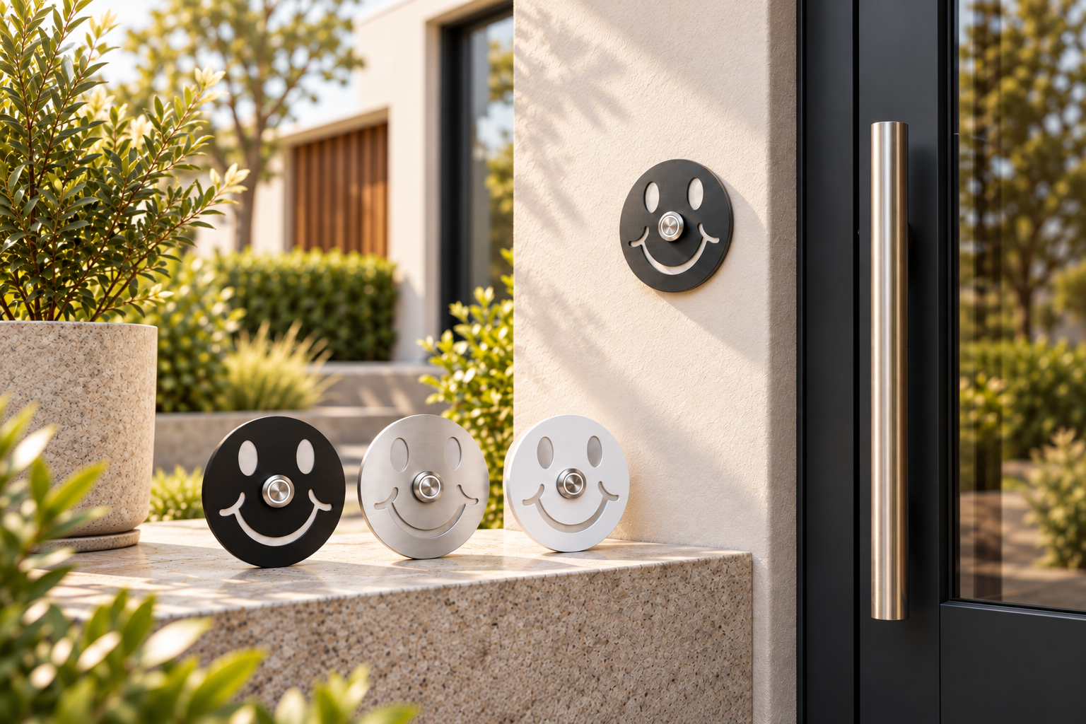 Moderne Eingangstür mit Smiley-Türklingeln Ø 10 cm aus V2A-Edelstahl in verschiedenen Oberflächen