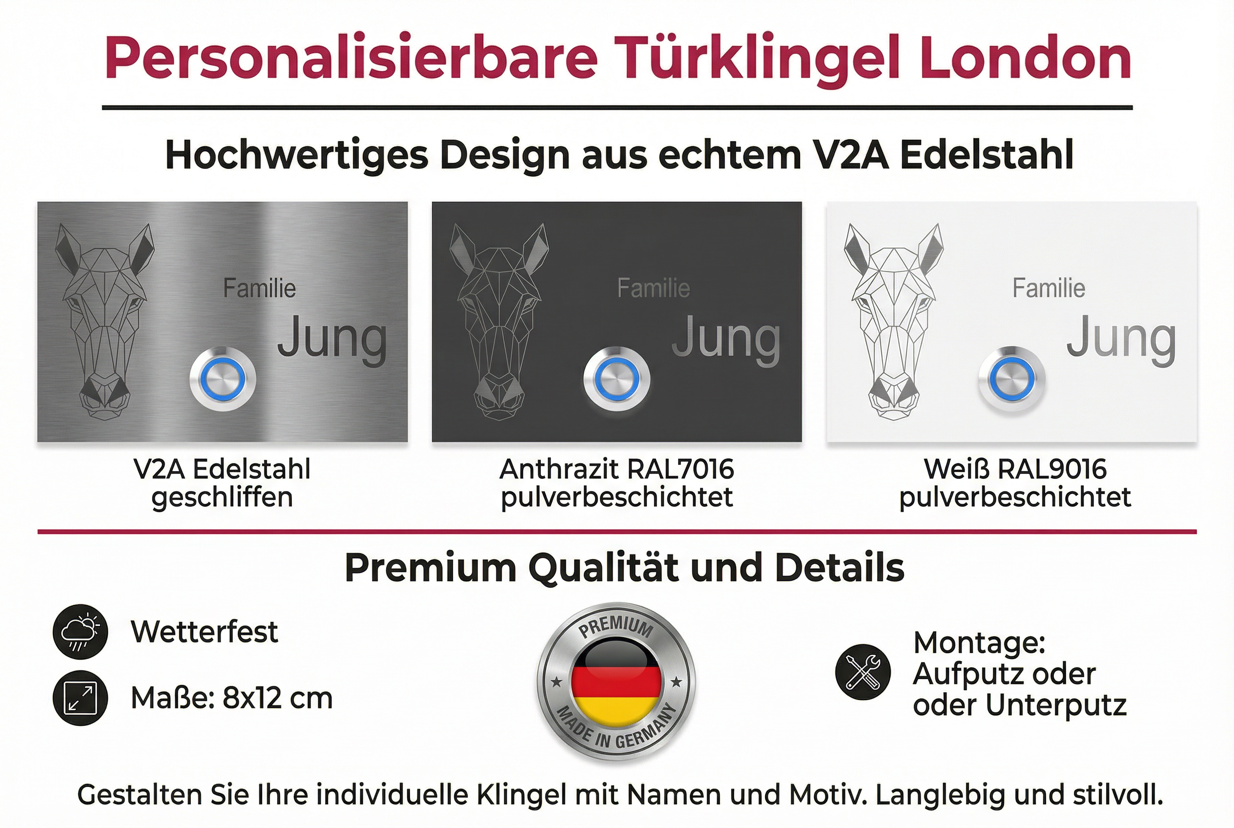 Produktbild: Personalisierbare Türklingel London mit Pferdemotiv, V2A Edelstahl, anthrazit oder weiß, wetterfest, 8x12 cm.
