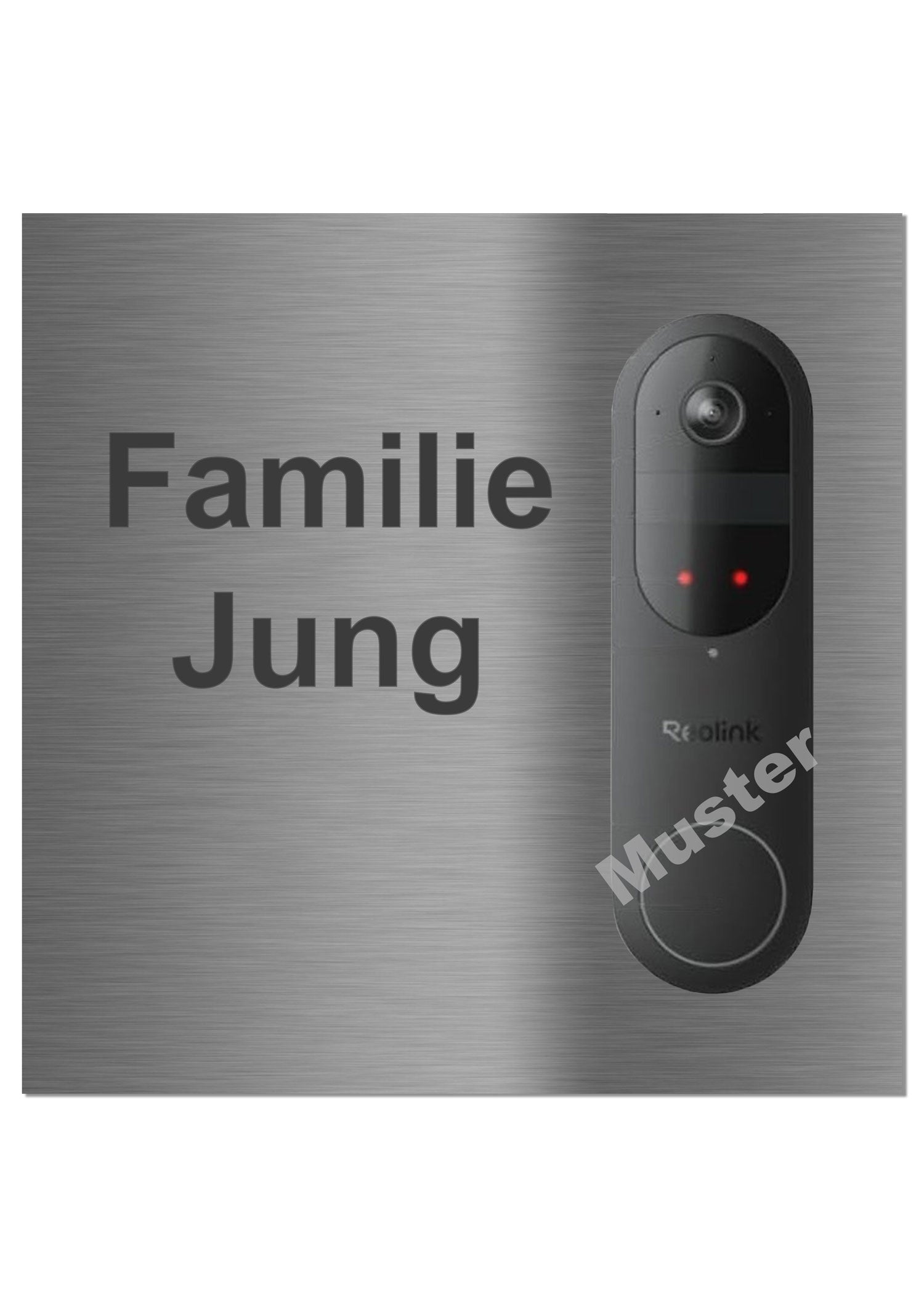 Edelstahl-Dekorschild passend für Reolink Video Doorbell – anthrazit pulverbeschichtet mit graviertem Namensschriftzug „Familie Jung“ – modernes Design für den Eingangsbereich individuell personalisierbar
