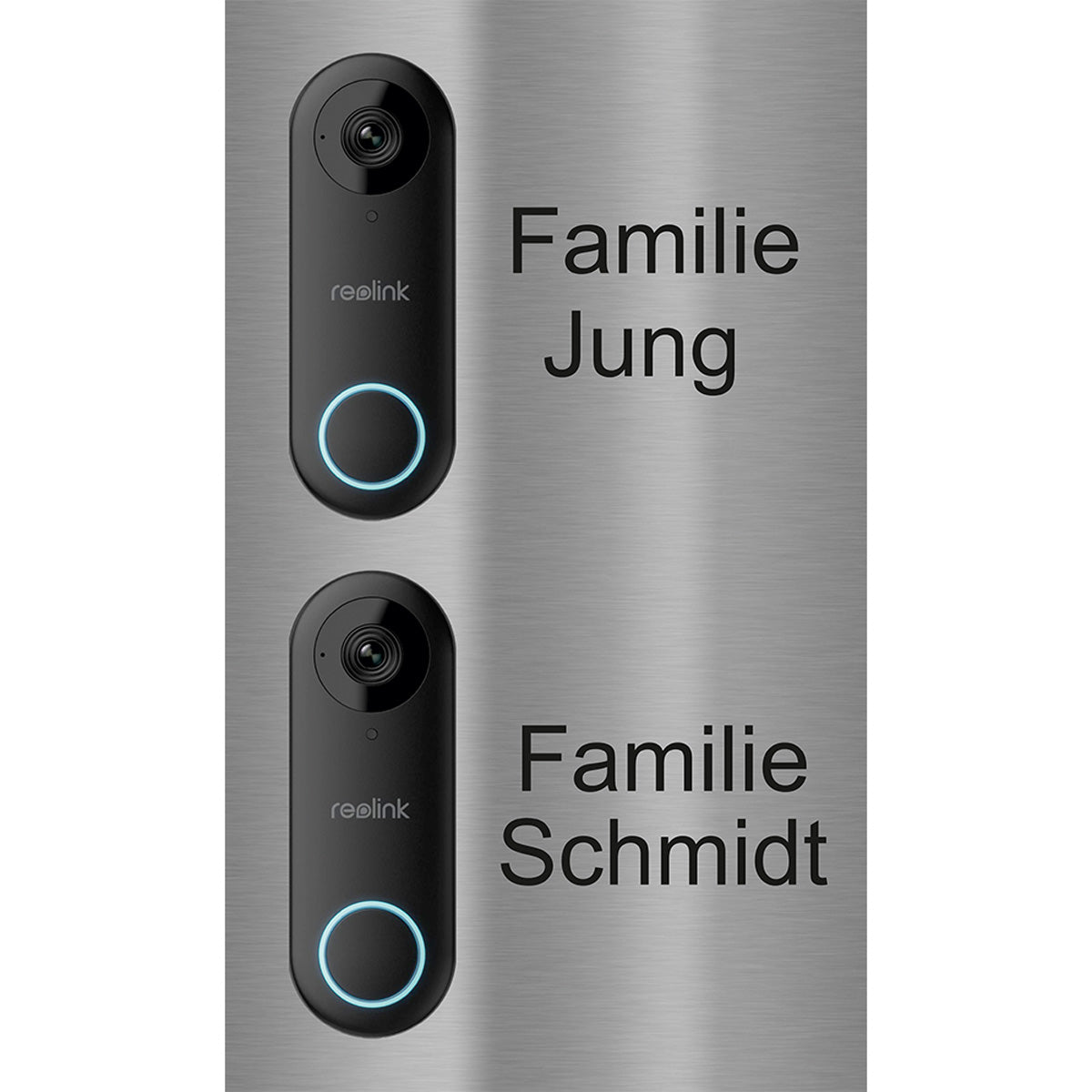 „Personalisierte Edelstahl Türschild Platte V2A (200 x 340 mm) für zwei Reolink Türklingeln mit Gravur. Design mit gebürstetem Edelstahl, individueller Namensgravur ‚Familie Jung‘ und ‚Familie Schmidt‘, moderne Video-Türklingel Lösung für Einfamilienhaus oder Mehrfamilienhaus.“
