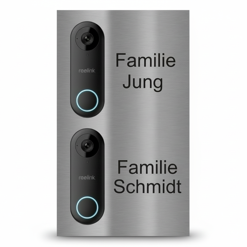 Türschild für Reolink Doppel-Klingel aus V2A Edelstahl 200x340mm mit zwei Aussparungen für Video-Türklingeln, gebürstete Oberfläche