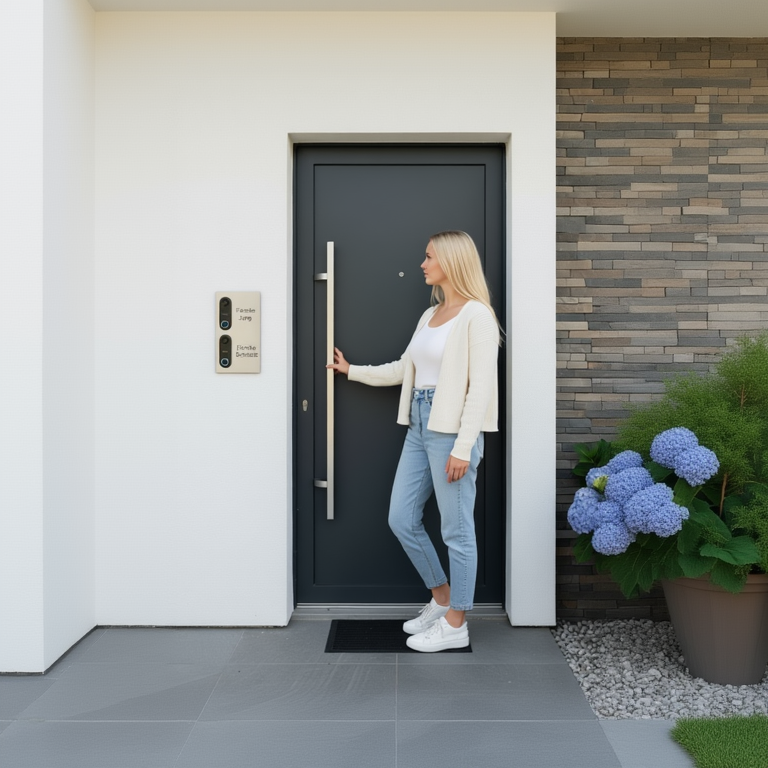 Montiertes Türschild für zwei Reolink Türklingeln an moderner Hauswand, V2A Edelstahl mit Lasergravur