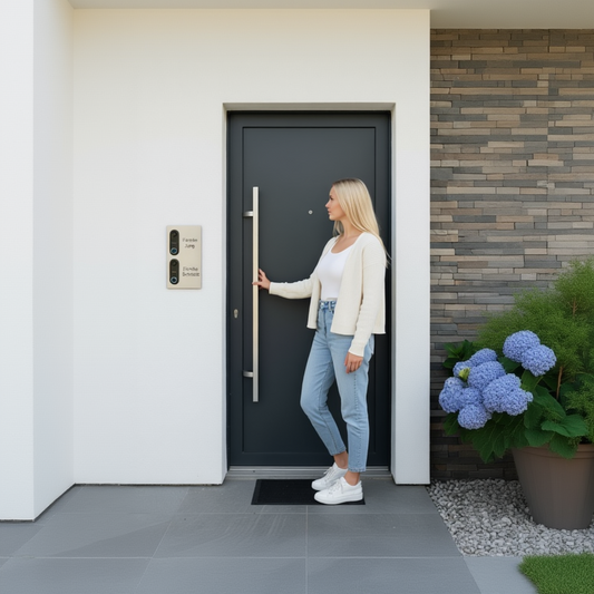 Montiertes Türschild für zwei Reolink Türklingeln an moderner Hauswand, V2A Edelstahl mit Lasergravur