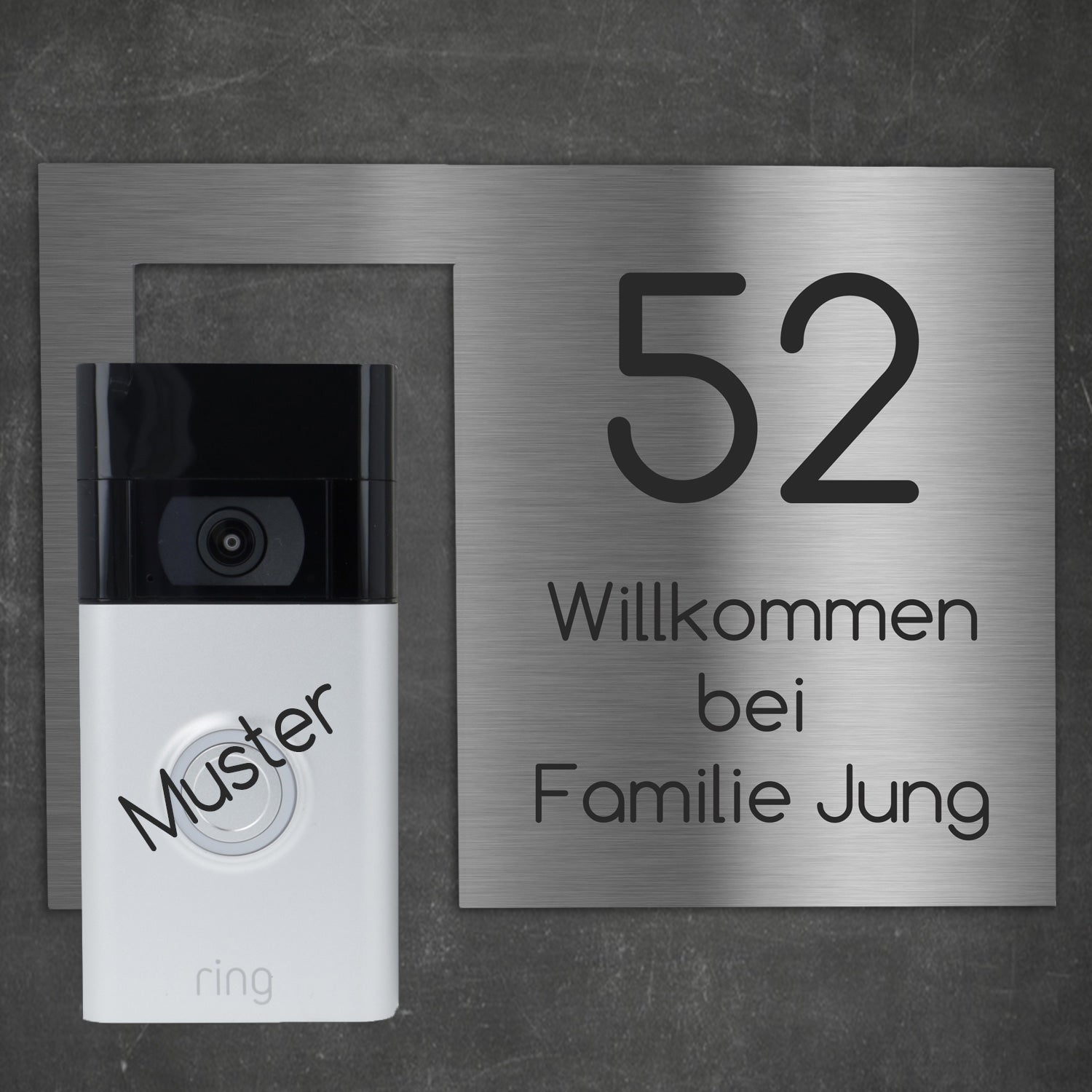 Edelstahl-Dekorschild passend  Ring Akku Video Doorbell – anthrazit pulverbeschichtet mit graviertem Namensschriftzug „Familie Jung“ – modernes Design für den Eingangsbereich individuell personalisierbar
