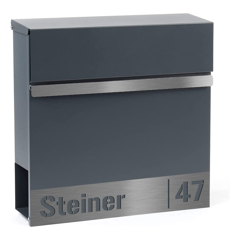 Moderner Briefkasten Rom mit Zeitungsfach personalisierbar - Anthrazit RAL7016 pulverbeschichtet