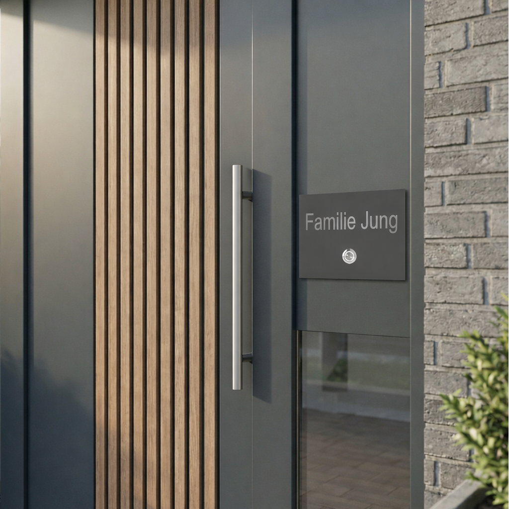 Haustür mit moderner anthrazit pulverbeschichteter Haustürklingel "Familie Jung", Holzverkleidung, Griff aus Edelstahl.