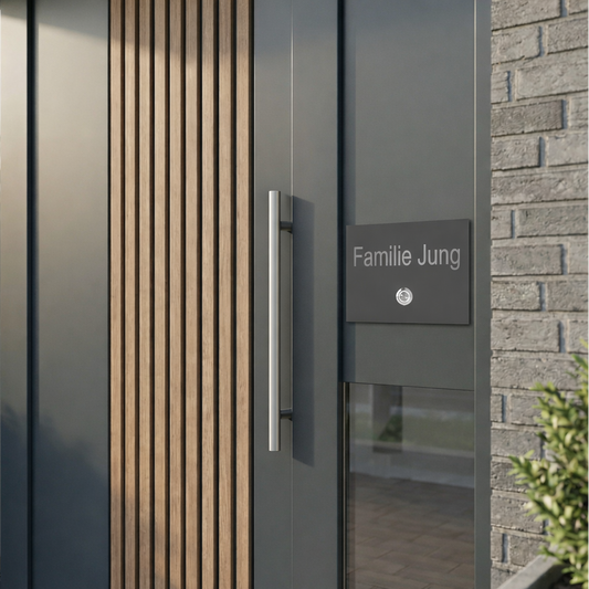 Haustür mit moderner anthrazit pulverbeschichteter Haustürklingel "Familie Jung", Holzverkleidung, Griff aus Edelstahl.