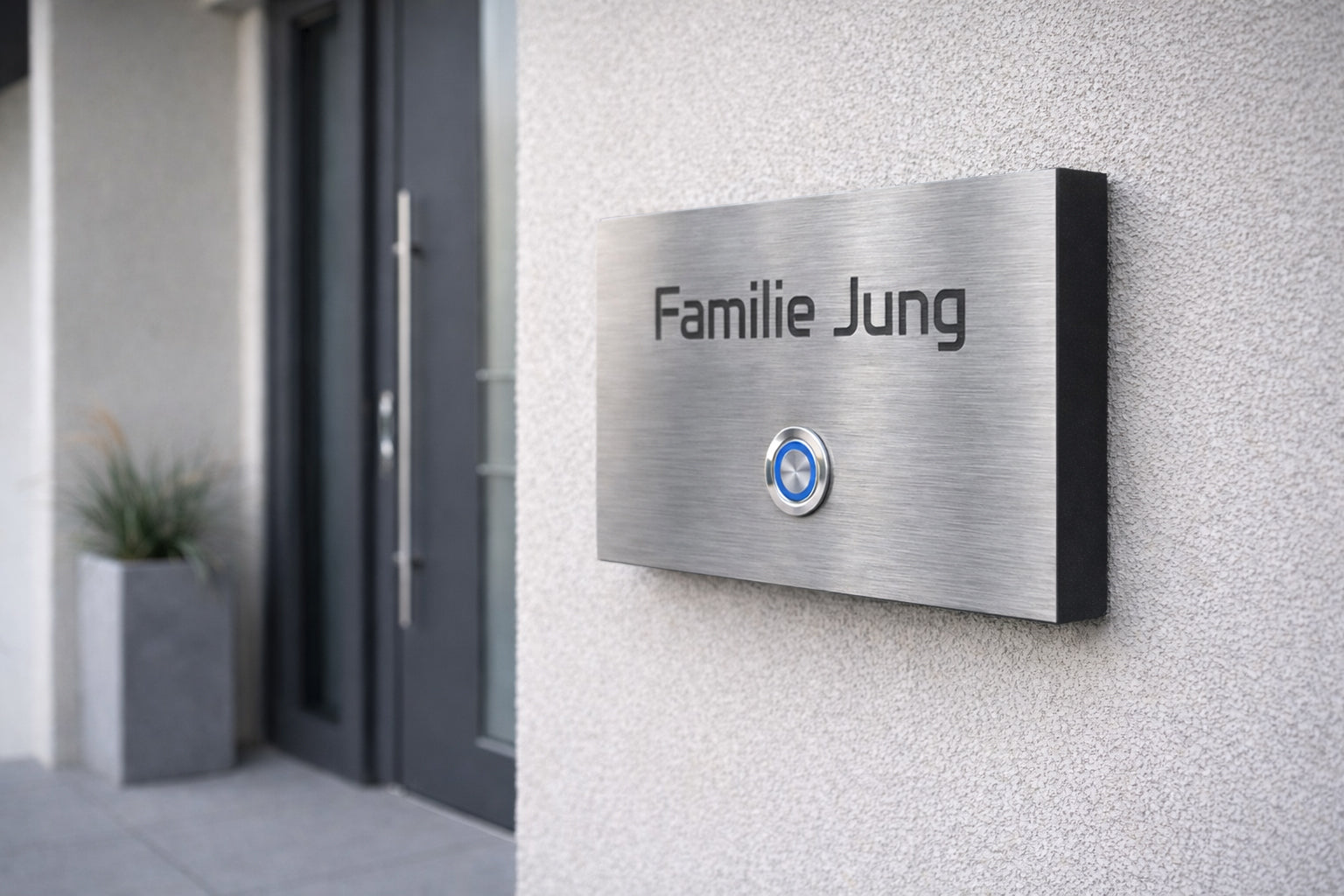Namensschild "Familie Jung" mit Klingelknopf und V2A Klingelplatte an Hauswand mit anthrazit Aufputzrahmen.